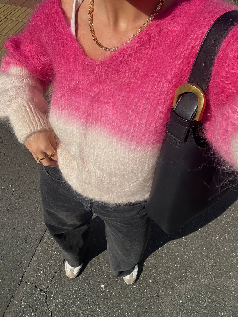 Milana Two Tone Long Sleeve Mohair Knit - Pink and White