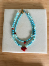 Semiprecious howlite turquoise beads necklace with red heart: Small heart