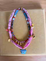 Fish beaded necklace in Greek islands colors: Gold