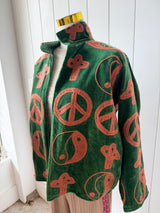 VELVET JACKET- HAND EMBROIDERED- GREEN MAGIC MUSHROOM/PEACE - Cie Cie + Co
