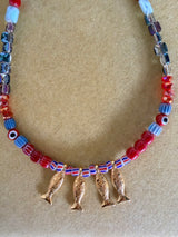 Fish beaded necklace in Greek islands colors: Gold