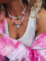Bohemian pink bandana scarf and colorful beaded necklaces: Pink bandana - Cie Cie + Co