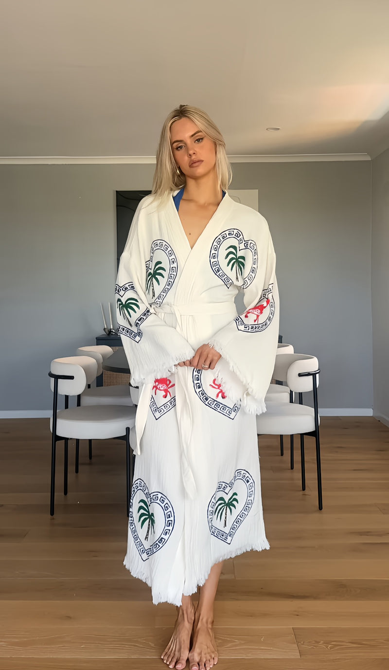 Natural Long Robe Palm/Crab print -