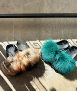 Faux Fur Slides/ Forest Green