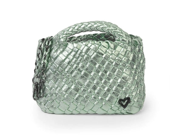 TINY MINI WOVEN TOTE - METALLIC GREEN