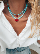 Semiprecious howlite turquoise beads necklace with red heart: Big heart - Cie Cie + Co