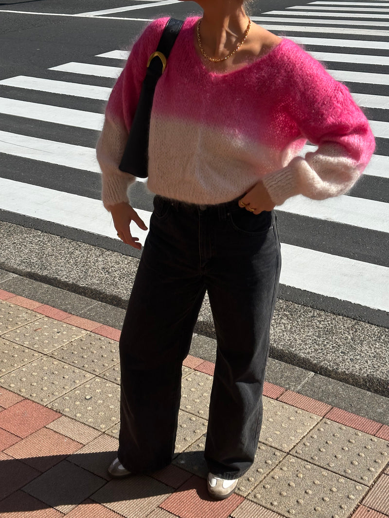 Milana Two Tone Long Sleeve Mohair Knit - Pink and White