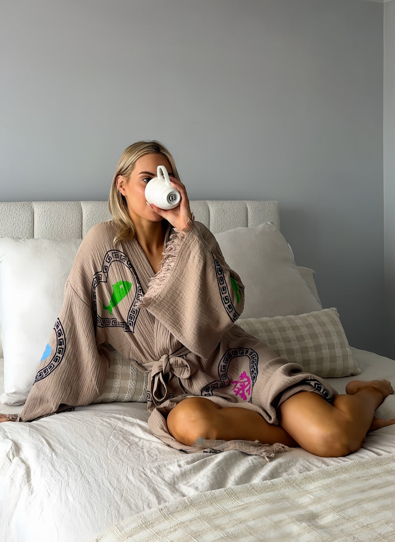 Tan Long Robe Sardine/Coral print - Just arrived!