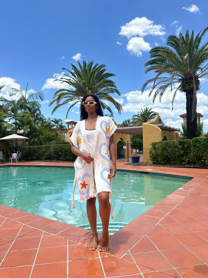 NEW Natural Midi Short Sleeve Robe - Sea Star - Just back in stock!