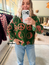 VELVET JACKET- HAND EMBROIDERED- GREEN MAGIC MUSHROOM/PEACE - Cie Cie + Co