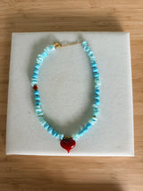 Semiprecious howlite turquoise beads necklace with red heart: Big heart