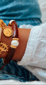 Colorful tartaruga and gold charm beaded bracelets: Brown - Cie Cie + Co