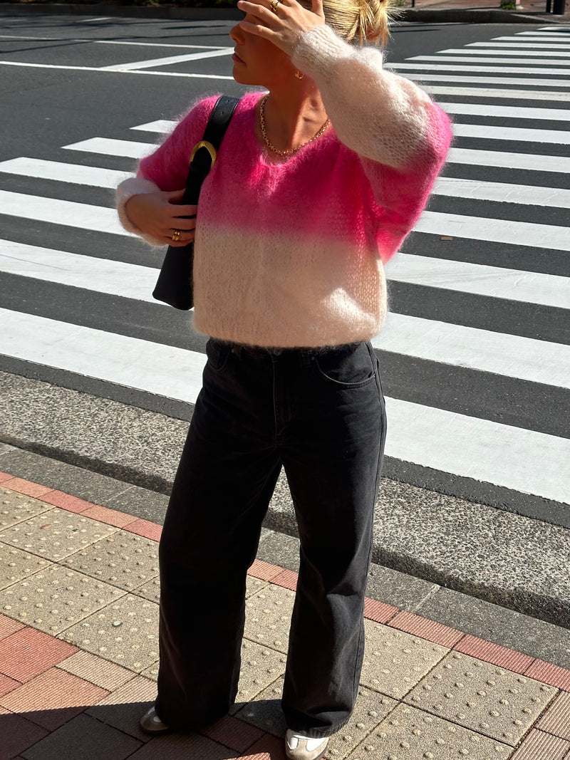 Milana Two Tone Long Sleeve Mohair Knit - Pink and White