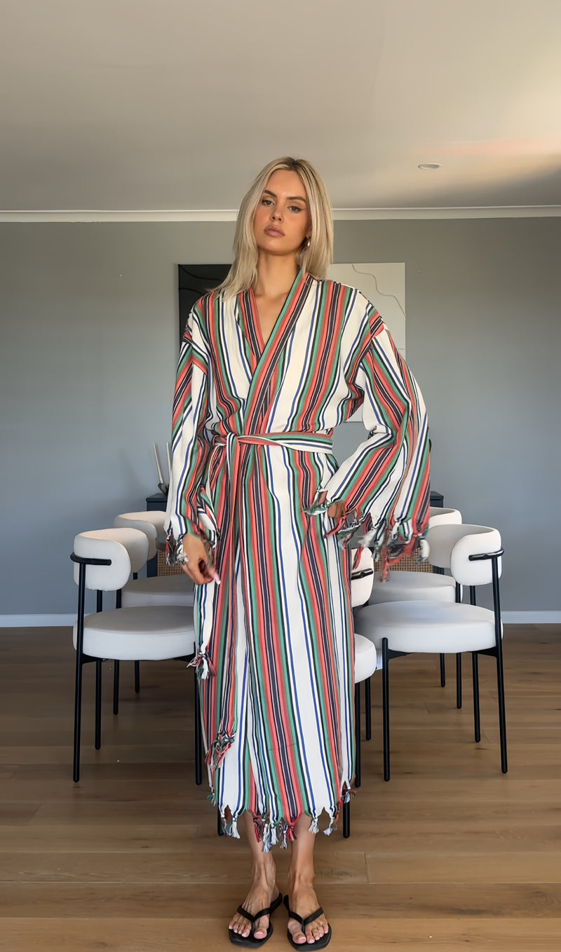 Multi Striped Tassel Cotton Robe - New Style, be quick!