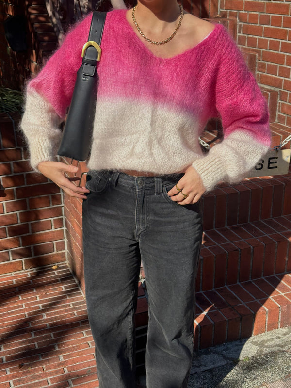 Milana Two Tone Long Sleeve Mohair Knit - Pink and White