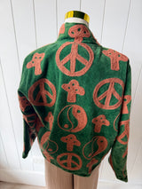 VELVET JACKET- HAND EMBROIDERED- GREEN MAGIC MUSHROOM/PEACE - Cie Cie + Co