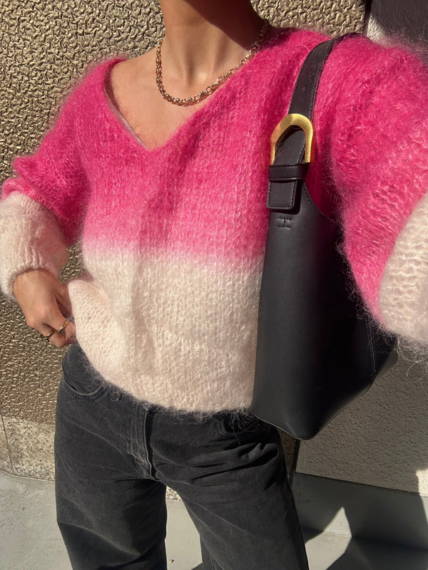 Milana Two Tone Long Sleeve Mohair Knit - Pink and White