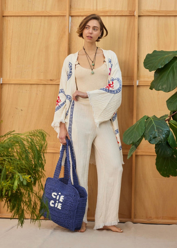 Surf Pant - Natural with Navy Hand Pressed Design - Cie Cie + Co