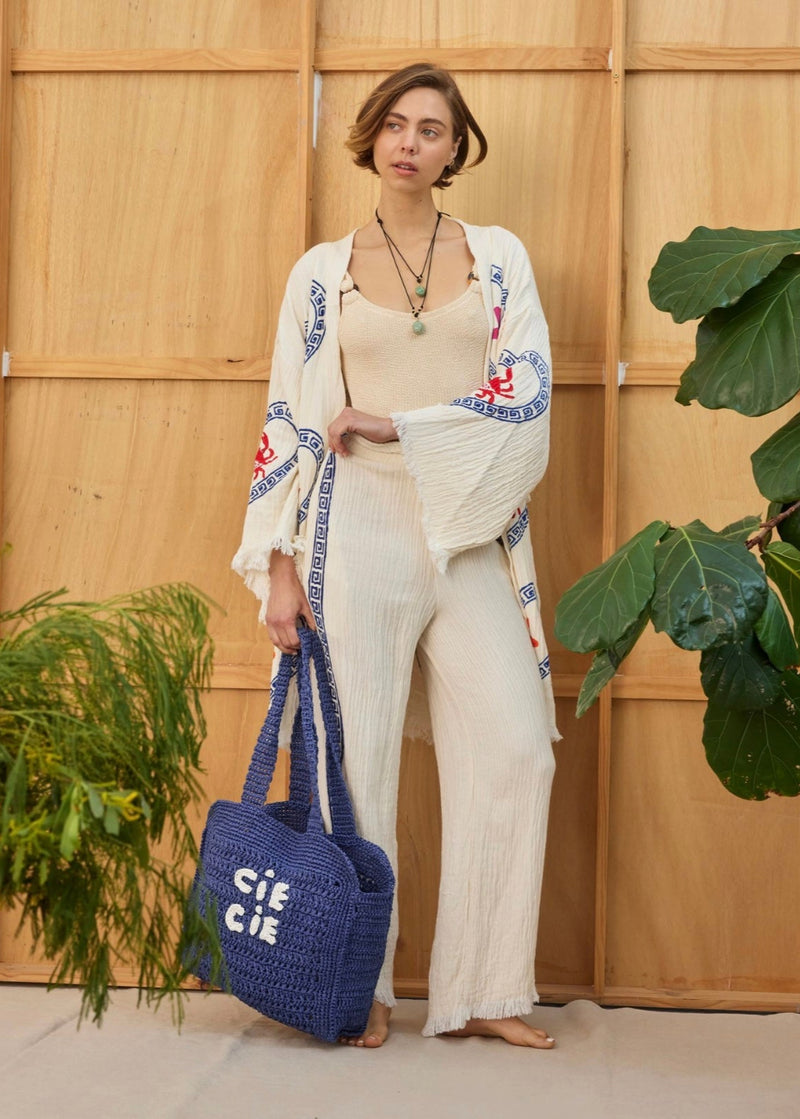 Surf Pant - Natural with Navy Hand Pressed Design - Cie Cie + Co