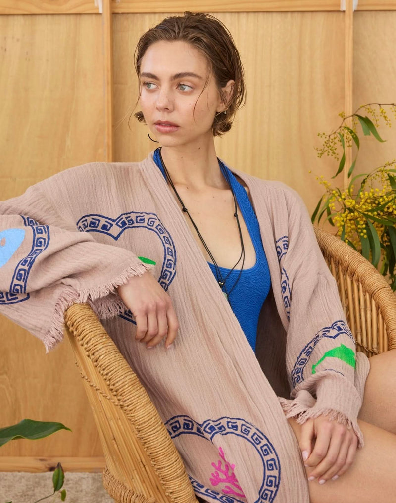 Tan Long Robe Sardine/Coral print - PRE ORDER End August Delivery! - Cie Cie + Co