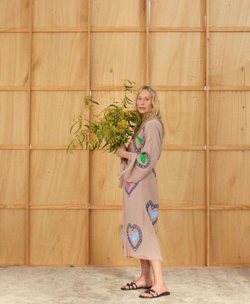 Tan Long Robe Sardine/Coral print - Just arrived!