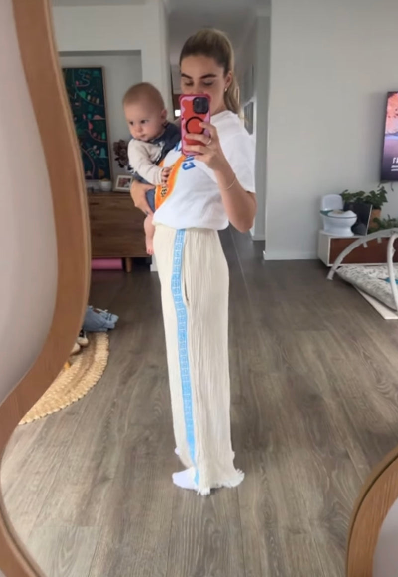 Surf Pant - Natural with Baby Blue Hand Pressed Design