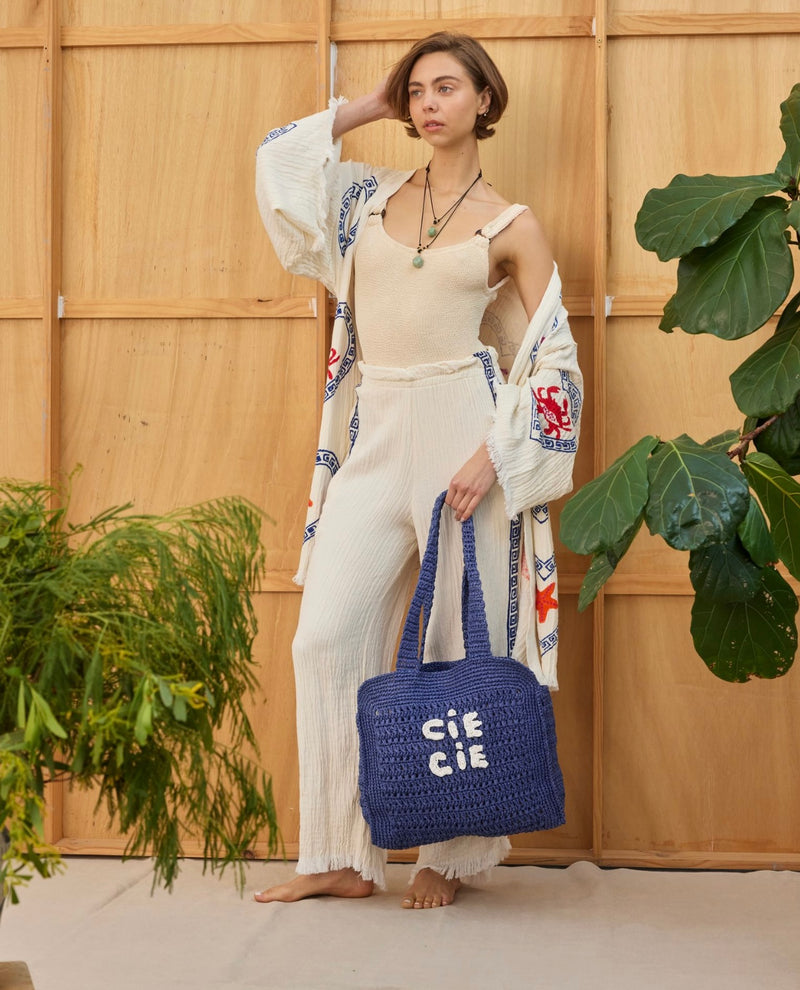 Surf Pant - Natural with Navy Hand Pressed Design - Cie Cie + Co
