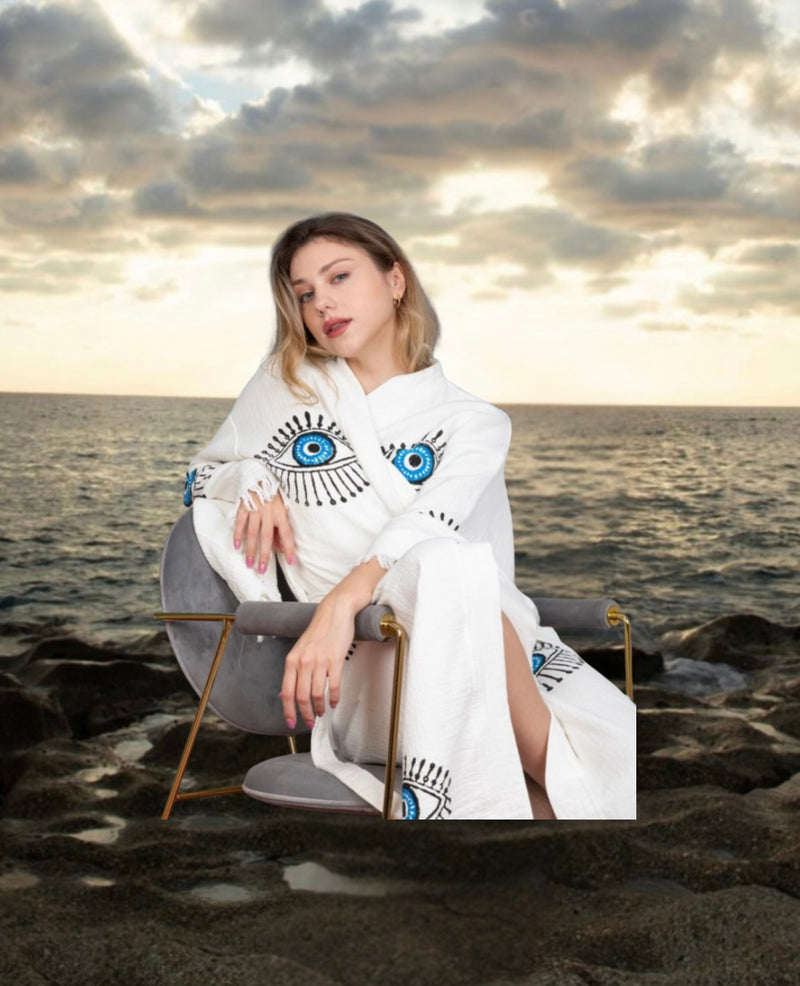 White/Blue Evil Eye Cotton Robe - Pre order start October delivery