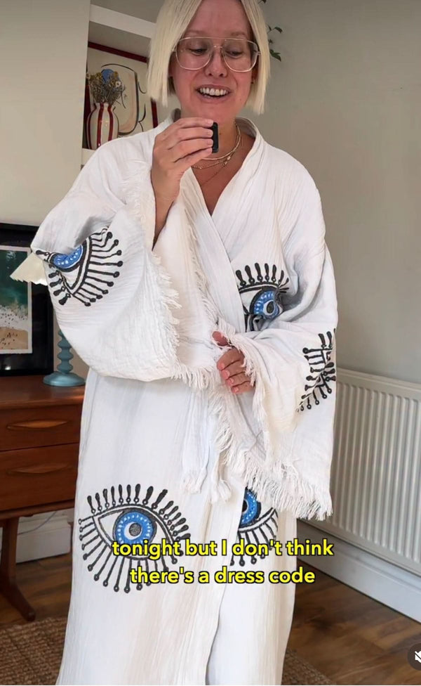 White/Blue Evil Eye Cotton Robe - Pre order start October delivery