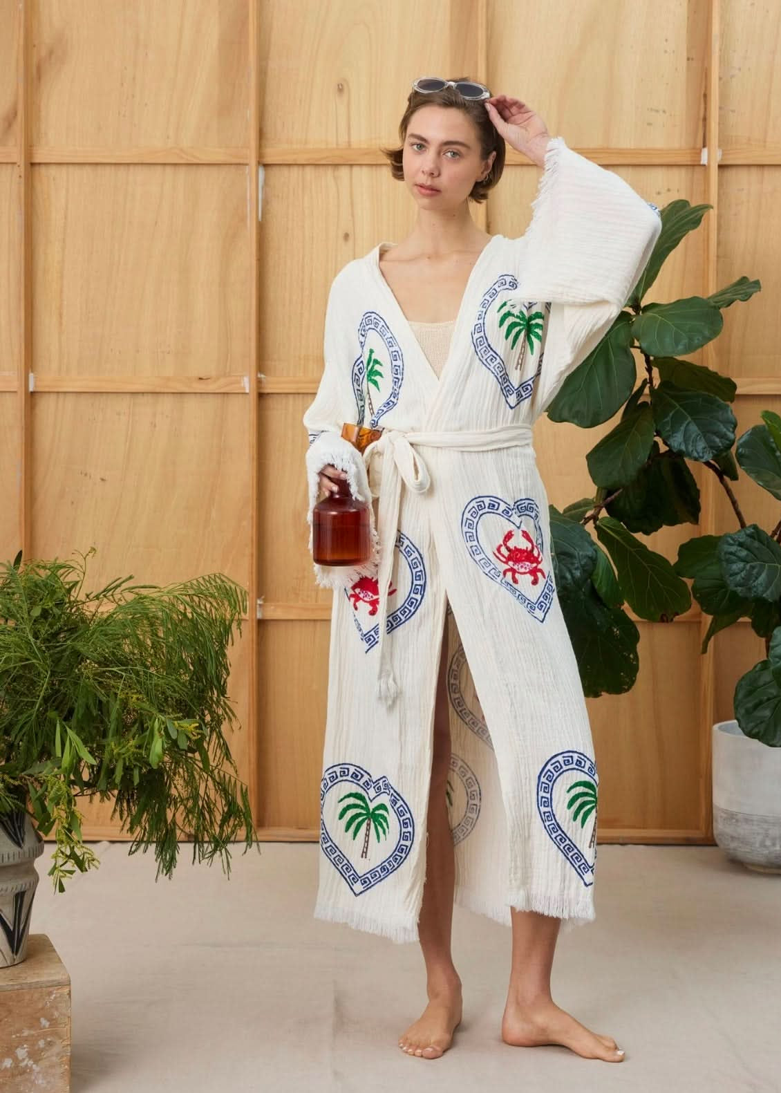 Natural Long Robe - Palm/Crab Print