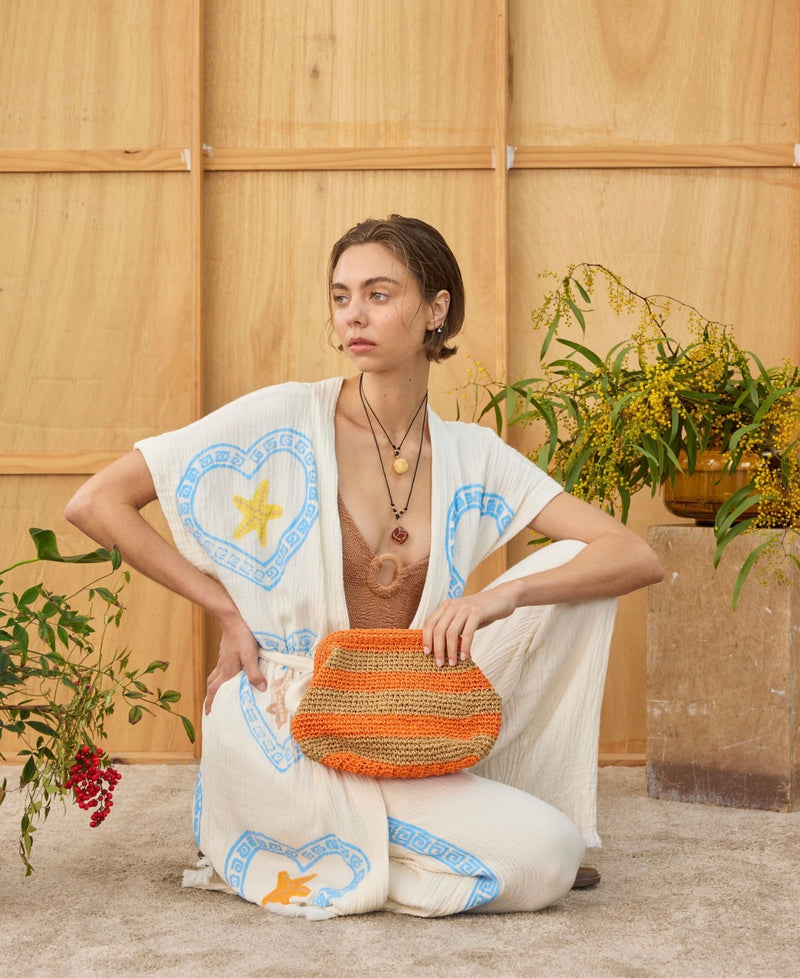 Surf Pant - Natural with Baby Blue Hand Pressed Design - Cie Cie + Co