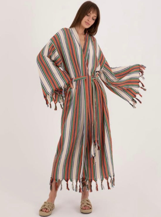 Multi Striped Tassel Linen/Cotton Robe - Pre order start October delivery