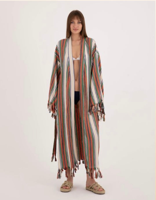 Multi Striped Tassel Linen/Cotton Robe - Pre order start October delivery