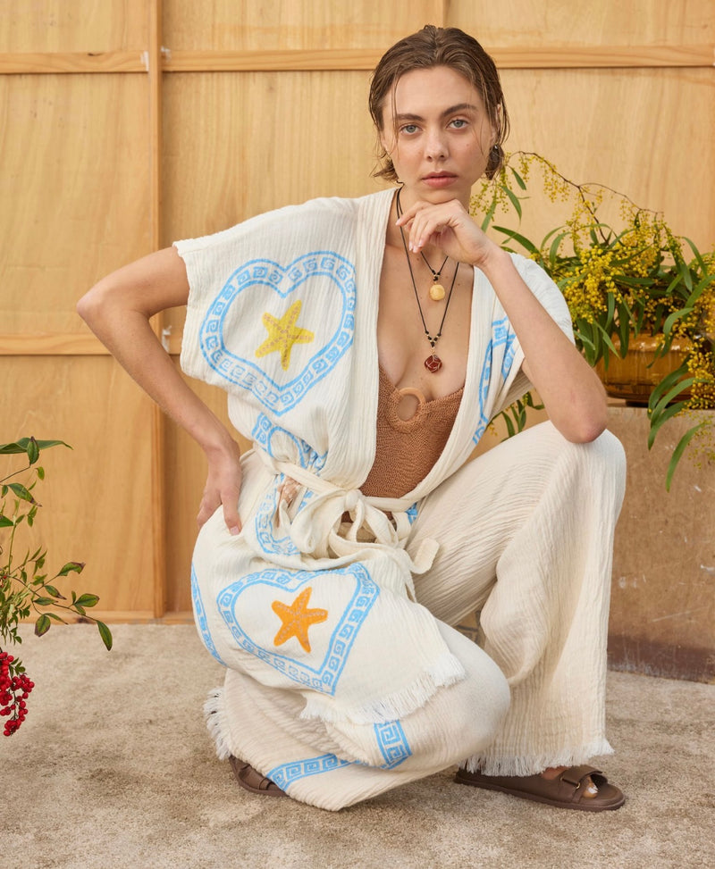 Surf Pant - Natural with Baby Blue Hand Pressed Design - Cie Cie + Co
