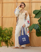Surf Pant - Natural with Navy Hand Pressed Design - Cie Cie + Co