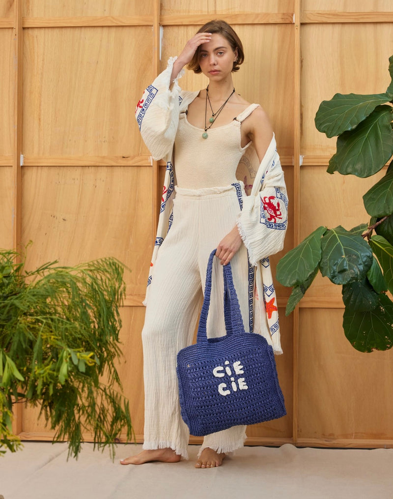 Surf Pant - Natural with Navy Hand Pressed Design - Cie Cie + Co
