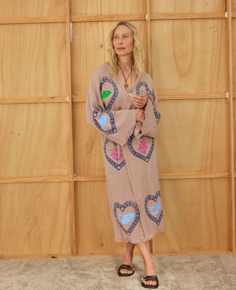 Tan Long Robe Sardine/Coral print - Just arrived!