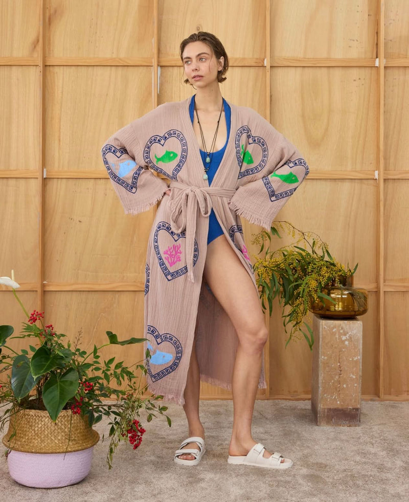 Tan Long Robe Sardine/Coral print - PRE ORDER End August Delivery! - Cie Cie + Co