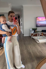 Surf Pant - Natural with Baby Blue Hand Pressed Design
