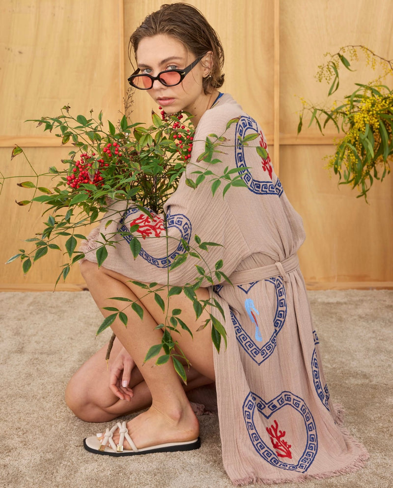 Tan Midi  Robe Seahorse/Coral print - Pre Order End August Delivery! - Cie Cie + Co