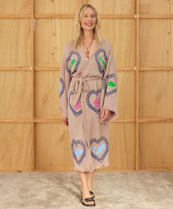 Tan Long Robe Sardine/Coral print - Just arrived!