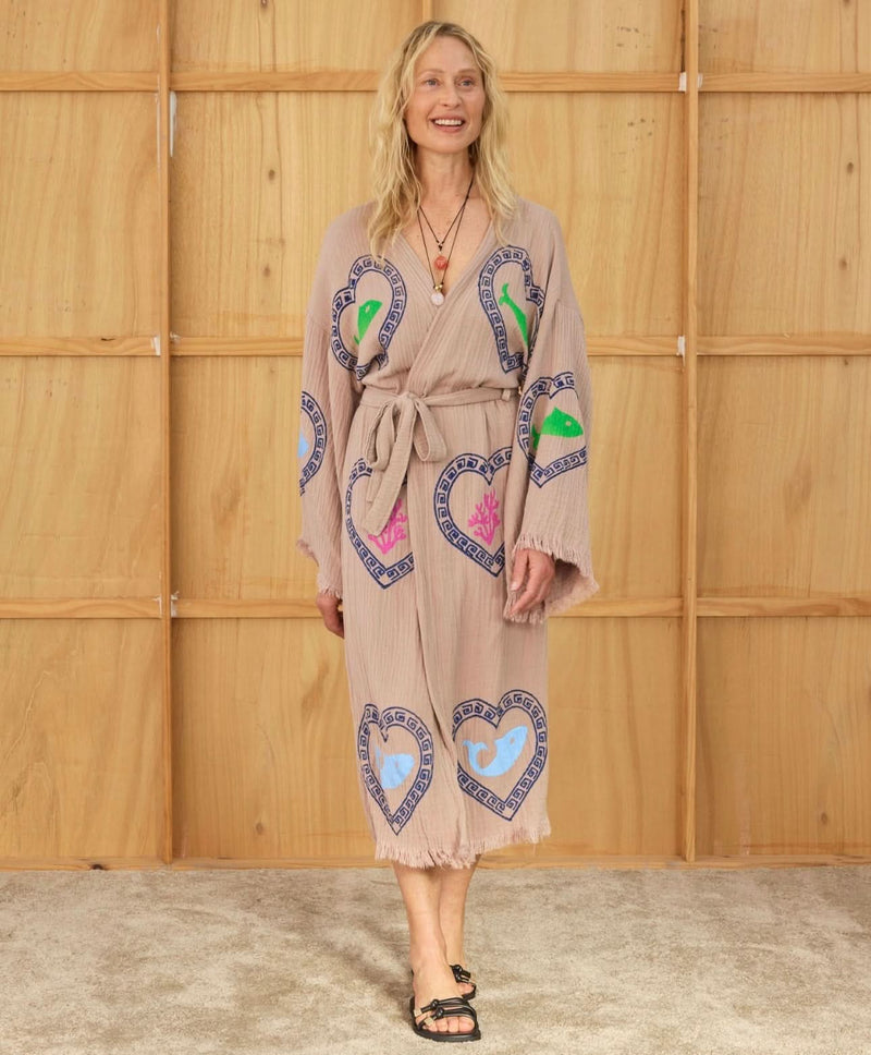 Tan Long Robe Sardine/Coral print - Just arrived!