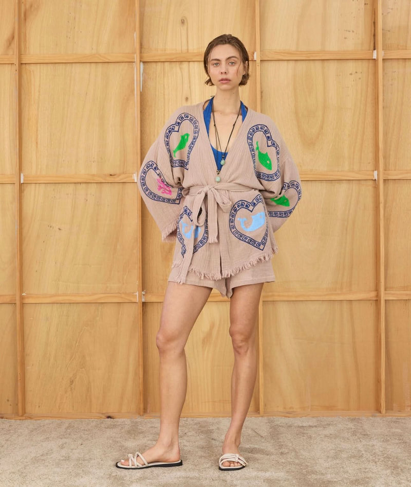 Tan Robe Short Set Sardine/Coral print - PRE ORDER start October delivery!