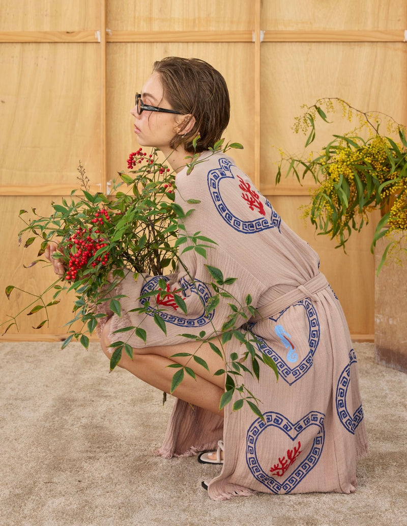 Tan Midi  Robe Seahorse/Coral print - Pre Order End August Delivery! - Cie Cie + Co