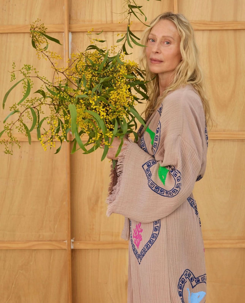 Tan Long Robe Sardine/Coral print - Just arrived!