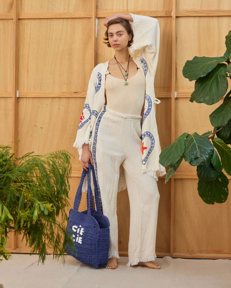Surf Pant - Natural with Navy Hand Pressed Design - Cie Cie + Co