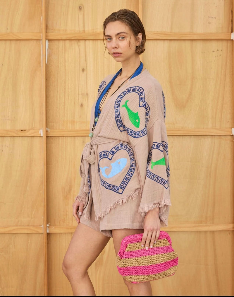 Tan Robe Short Set Sardine/Coral print - PRE ORDER start October delivery!
