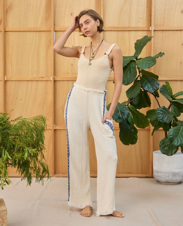 Surf Pant - Natural with Navy Hand Pressed Design - Cie Cie + Co