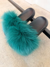 Faux Fur Slides/ Forest Green