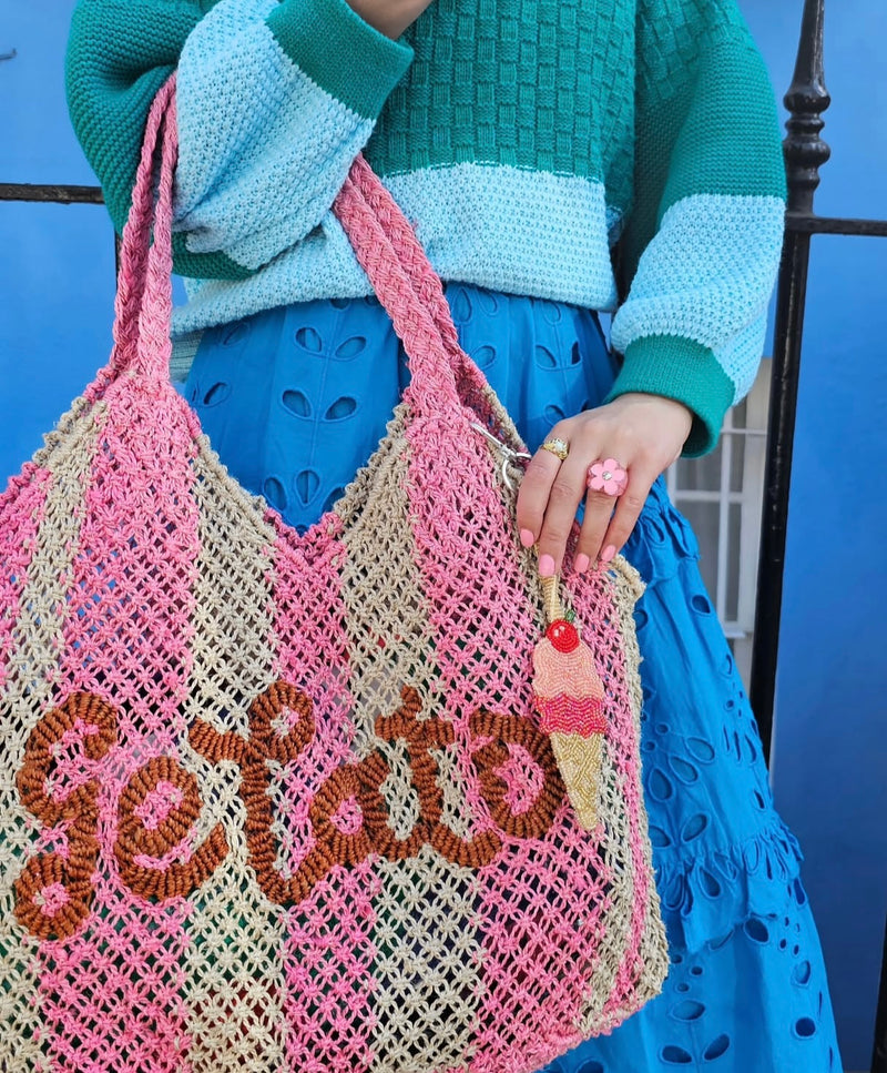 Large Jute Bag - Gelato- Natural and Pink Stripe